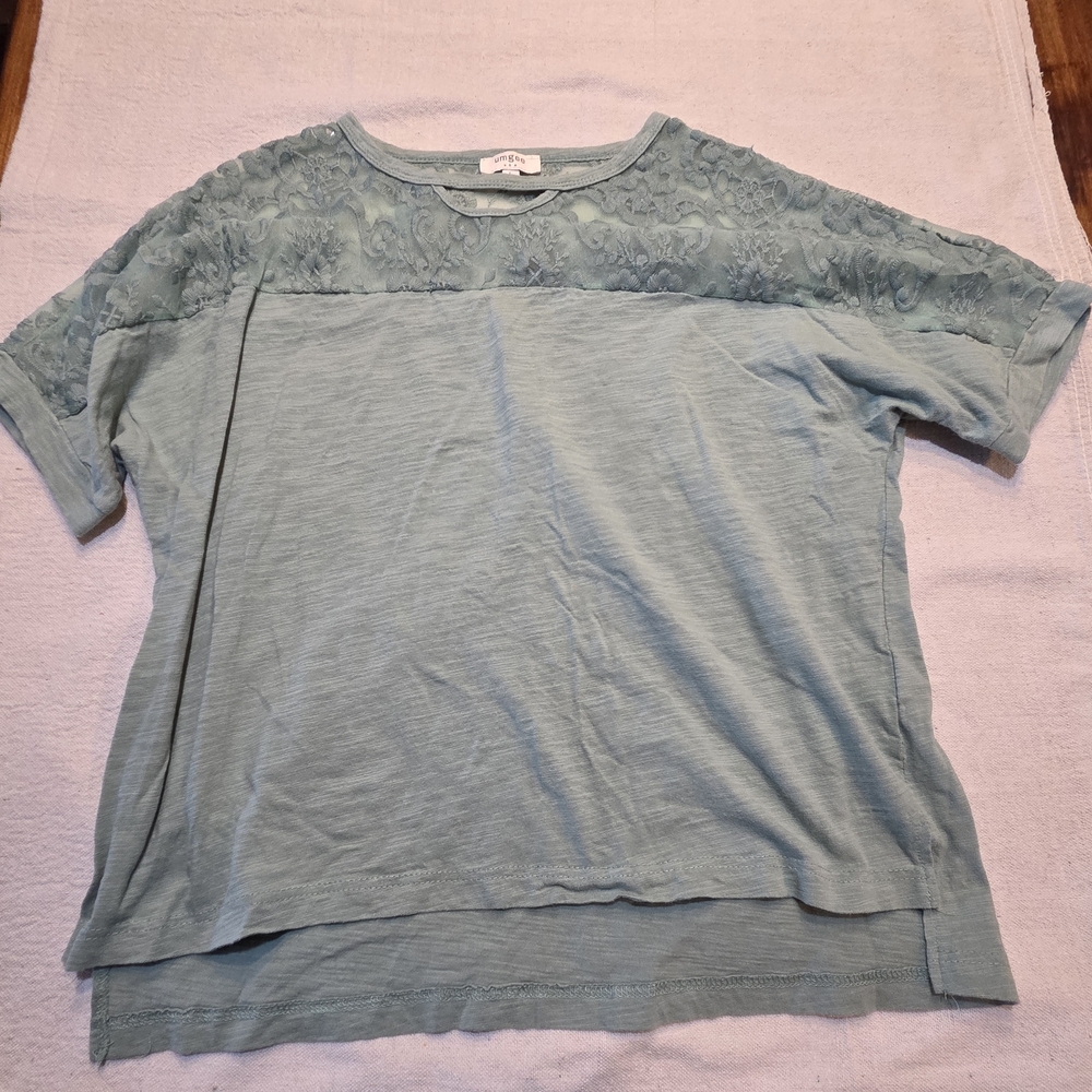 Umgee Teal Short Sleeve Lace Top